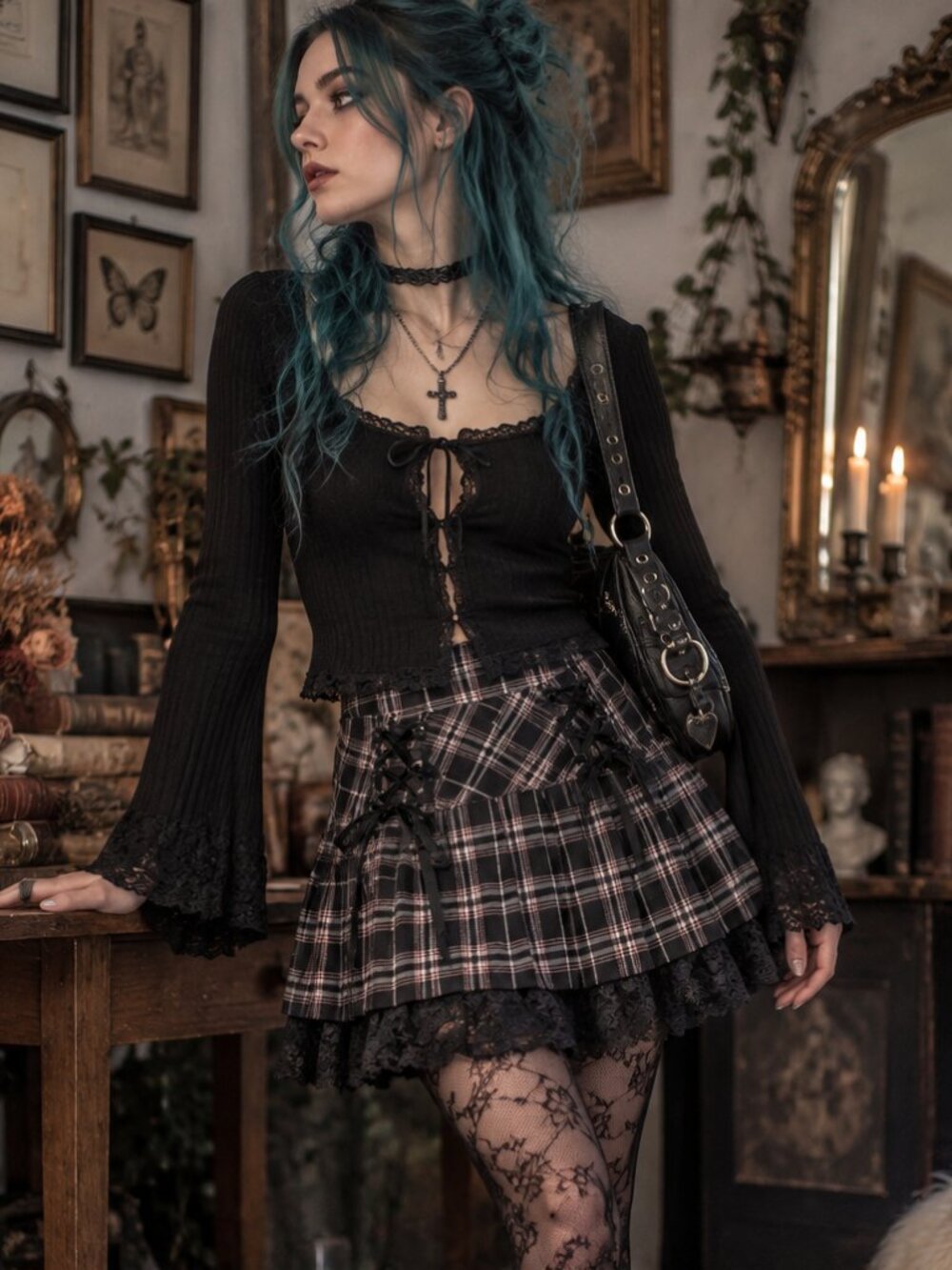 Plaid Corset Mini Skirt XS Whimsigoth Y2K Alt Goth Lace Up